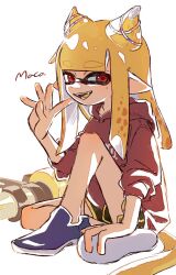  .96_gal_(splatoon) 1girl artist_name black_shorts blue_footwear blunt_bangs colored_tongue commentary_request dolphin_shorts fangs full_body hair_horns hair_ornament hand_up hood hood_down hoodie inkling inkling_girl inkling_player_character long_hair maco_spl mole mole_under_eye open_mouth orange_hair pointy_ears red_eyes red_hoodie short_sleeves shorts sidelocks simple_background solo splatoon_(series) splatoon_3 tentacle_hair thick_eyebrows white_background x_hair_ornament yellow_tongue 