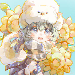  1boy :d avgust_(reverse:1999) blue_background blue_eyes blue_jacket breasts child fei_zou_yi_guo_gezi flower fur_hat grey_hair grey_scarf hands_up hat highres holding holding_flower jacket large_breasts male_focus reverse:1999 scarf short_hair smile solo straight-on sunflower upper_body ushanka weibo_logo weibo_watermark white_hat yellow_flower 