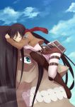  1girl belt brown_hair closed_eyes clouds green_eyes highres juria0801 long_sleeves lying mikasa_ackerman rogue_titan scarf shingeki_no_kyojin short_hair sky sleeping smile thigh_strap three-dimensional_maneuver_gear uniform 