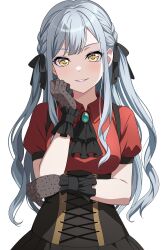  1girl absurdres ascot bang_dream! bang_dream!_it&#039;s_mygo!!!!! black_ascot black_corset black_gloves black_ribbon blue_brooch blue_hair breasts collared_shirt commentary corset english_commentary fries_vanquisher gloves hair_ribbon hand_on_own_cheek hand_on_own_face highres long_hair medium_breasts open_mouth puffy_short_sleeves puffy_sleeves red_shirt ribbon shirt short_sleeves sidelocks simple_background solo togawa_sakiko two_side_up variant_set white_background yellow_eyes 