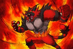  abs absurdres body_fur claws clenched_hands feet_out_of_frame fiery_background fighting_stance fire furry highres incineroar open_mouth paimon_(faimeon616) pectorals pokemon pokemon_(creature) sharp_teeth solo teeth yellow_eyes 