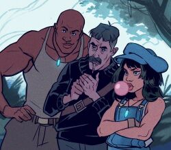  1girl 2boys atlantis:_the_lost_empire audrey_ramirez bald belt black_hair black_sweater blue_hat chewing_gum cigarette commentary cowboy_shot crossed_arms dark-skinned_male dark_skin english_commentary facial_hair gabriel_picolo grey_hair hand_on_own_hip hat highres jewelry joshua_sweet looking_ahead multiple_boys mustache overalls pendant smile sweater tank_top undercut vincenzo_santorini 