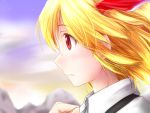  1girl blonde_hair bust clouds hair_ribbon looking_away mountain profile red_eyes red_star_(toranecomet) ribbon rumia short_hair solo star_(sky) sunset touhou wind 