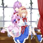  2girls :o alice_margatroid blonde_hair book boots bow capelet crescent cup curtains dress eyelashes hair_bow hairband hand_on_own_chest leaf leaning_on_person lolita_hairband long_hair long_sleeves looking_at_viewer multiple_girls nanatuki13 no_hat no_headwear patchouli_knowledge payot purple_hair ribbon robe sash short_hair sleeping teacup touhou violet_eyes window 