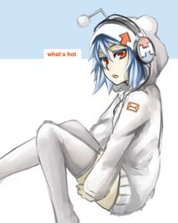  1girl blue_hair headphones hoodie no_pants orange_eyes pas_(paxiti) personification reddit short_hair solo sweater_dress thigh-highs white_legwear 