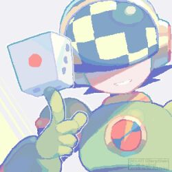  1boy armor dice green_armor helmet klenschheim male_focus mega_man_(series) mega_man_battle_network_(series) megaman.exe netnavi numberman.exe parted_lips pixel_art smile solo teeth upper_body 
