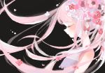  1girl black_background closed_eyes floating_hair flower hair_flower hair_ornament long_hair nucco original pink_hair profile side solo tegaki twintails 