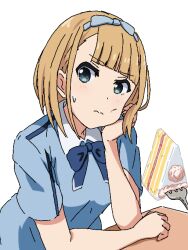  1girl 22/7 arm_on_table blonde_hair blue_bow blue_bowtie blue_dress blue_hairband bow bow_hairband bowtie cake closed_mouth dress food fork green_eyes hair_bow hairband hand_on_own_cheek hand_on_own_face igashiko looking_to_the_side oekaki saito_nicole short_hair short_sleeves simple_background sweatdrop upper_body white_background 