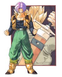  1boy black_shirt blue_eyes bowl_cut clenched_hands dragon_ball dragon_ball_z dual_persona english_commentary full_body green_pants holding holding_sword holding_weapon long_sleeves looking_at_viewer male_focus muscular muscular_male official_alternate_costume pants parted_hair purple_hair sheath shirt silverwoodwork solo super_saiyan super_saiyan_1 sweat sword trunks_(dragon_ball) trunks_(future)_(dragon_ball) unsheathing velcro_footwear vest weapon white_background yellow_vest 