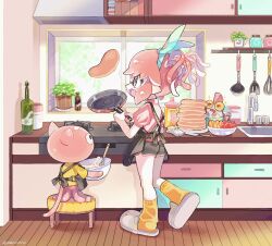  1girl :d amezawa_koma apron black_apron black_shorts blue_eyes blue_hairband blue_ribbon bow_hairband bowl butter commentary_request dolphin_shorts fang food frying_pan full_body hair_ribbon hairband highres holding holding_bowl holding_frying_pan indoors inkling inkling_girl inkling_player_character jellyfish_(splatoon) kitchen mixing_bowl on_stool open_mouth pancake pancake_stack pink_hair pink_shirt plant plate pointy_ears potted_plant puffy_short_sleeves puffy_sleeves ribbon shirt short_hair short_sleeves short_twintails shorts sidelocks sink skin_fang slippers smallfry_(splatoon) smile socks solo sparkle splatoon_(series) standing standing_on_one_leg tentacle_hair twintails whisk window yellow_shirt yellow_socks 