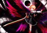 1girl blonde_hair blush darkness ex-rumia open_mouth outstretched_arm red_eyes ribbon rumia short_hair skirt smile solo spark621 sword touhou weapon wings 