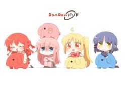  4girls :d ^_^ ahoge animal animal_on_head blonde_hair blue_eyes blue_hair blue_sweater blush bocchi_the_rock! bow braid character_request chibi closed_eyes collared_shirt cube_hair_ornament elephant gotoh_hitori grey_skirt hair_between_eyes hair_ornament hairclip ijichi_nijika jacket kita_ikuyo long_hair long_sleeves mole mole_under_eye multiple_girls on_head one_side_up orange_eyes pants pants_under_skirt pink_hair pink_jacket pink_pants polka_dot polka_dot_bow puffy_long_sleeves puffy_sleeves rebecca_(keinelove) red_bow redhead sailor_collar school_uniform serafuku shirt side_ponytail simple_background skirt sleeves_past_wrists smile sweater sweater_vest track_jacket track_pants track_suit very_long_hair white_background white_sailor_collar white_shirt yamada_ryo yellow_eyes 