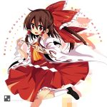  1girl ascot brown_hair detached_sleeves gohei hair_ribbon hair_tubes hakurei_reimu long_hair long_sleeves looking_at_viewer matsuri_uta open_mouth red_eyes ribbon shirt skirt skirt_set smile solo touhou vest wide_sleeves 