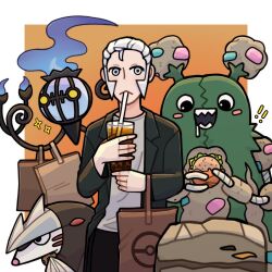  ! 1boy bag black_eyes black_jacket black_pants bubble_tea burger chandelier chandelure closed_mouth cookie crustle cup disposable_cup drink drinking_straw drinking_straw_in_mouth drooling eating excadrill fangs fire food garbodor gradient_background grey_eyes grey_hair highres holding holding_burger holding_food ingo_(pokemon) jacket male_focus mole_(animal) mouth_drool oleanteris open_mouth orange_background pants pokemon pokemon_(creature) pokemon_bw purple_fire red_stripes rock saliva shirt shopping_bag short_hair sideburns sparkle trash trash_bag white_shirt yellow_eyes 