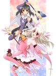  2girls black_hair boru-boru fate/kaleid_liner_prisma_illya fate_(series) feathers illyasviel_von_einzbern long_hair magical_girl miyu_edelfelt multiple_girls prisma_illya red_eyes staff thigh-highs twintails wand yellow_eyes 