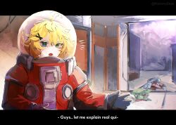  absurdres ahoge aqua_eyes blonde_hair blood corpse dokibird_(vtuber) dokibird_(vtuber)_(bounty_hunter) english_text hair_ornament hairclip hallway highres indie_virtual_youtuber indoors kishonyskab lockdown_protocol looking_at_viewer medium_hair open_mouth spacesuit subtitled upper_body 