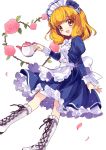  1girl :d blonde_hair blue_dress boots dress flower heart kise_yayoi knee_boots looking_at_viewer maid maid_headdress open_mouth precure ribbon rose simple_background smile smile_precure! solo teapot white_background yellow_eyes yukiwo 
