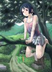  1girl :o bare_shoulders barefoot black_eyes black_hair grass hidari_kagetora highres in_tree landscape open_mouth original path road short_hair short_twintails shrine sitting sitting_in_tree solo tree tree_shade twintails 