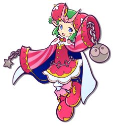  1girl arm_mounted_weapon arm_up ball_and_chain_(weapon) blue_cape blue_eyes blush_stickers bun_cover cape chain circlet collared_cape deformed diagonal-striped_clothes dot_nose dress drop_shadow floating fold-over_boots full_body green_hair highres horn_ornament horns knee_up lidelle_(andromeda)_(puyopuyo) lidelle_(puyopuyo) looking_at_viewer no_pupils official_alternate_costume open_mouth otakumodoki outstretched_arm pantyhose pink_dress pink_footwear pointy_ears puyopuyo puyopuyo_quest short_hair sidelocks simple_background sleeve_cuffs sleeves_past_wrists solo striped_clothes striped_sleeves two-sided_cape two-sided_fabric white_background white_cape white_pantyhose 