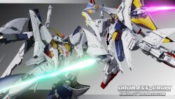  3d absurdres battle beam_saber commentary_request duel earth_federation gradient_background gundam gundam_hathaway&#039;s_flash highres inviter_oro machinery mecha mecha_focus missile_pod mobile_suit no_humans penelope_(hathaway&#039;s_flash) robot roundel science_fiction shield signature v-fin xi_gundam 