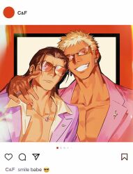  2boys black_hair blonde_hair brooch crocodile_(one_piece) donquixote_doflamingo earrings english_text hand_on_another&#039;s_shoulder heads_together highres jacket jewelry looking_at_viewer male_focus medium_hair multiple_boys necklace one_piece pectorals pink_jacket purple_jacket ring shirt short_hair smile sunglasses teeth twitter_screenshot violet_eyes white_shirt zoewadewilson 