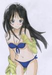  1girl akiyama_mio barefoot bikini black_eyes black_hair blush breasts highres hime_cut k-on! long_hair solo swimsuit 