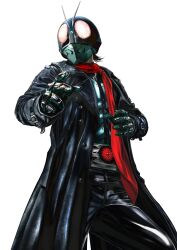  1boy absurdres antennae armor bug coat compound_eyes gloves glowing glowing_eyes grasshopper green_armor green_helmet helmet highres kamen_rider kamen_rider_(1st_series) kamen_rider_1 kamen_rider_1_(shin) male_focus masukudo_(hamamoto_hikaru) multiple_boys red_eyes red_scarf scarf shin_japan_heroes_universe shin_kamen_rider short_hair simple_background solo tokusatsu typhoon_(kamen_rider) white_background 