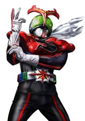  1boy antennae armor belt bodysuit compound_eyes gloves glowing green_eyes helmet highres horns kamen_rider kamen_rider_stronger kamen_rider_stronger_(series) male_focus mask masukudo_(hamamoto_hikaru) rhinoceros_beetle rider_belt scarf solo standing tokusatsu white_background white_gloves white_scarf 