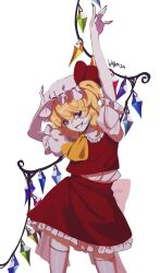  1girl arm_up artist_name ascot blonde_hair bow bright_pupils commentary contrapposto cowboy_shot crystal flandre_scarlet grin h4tter hair_between_eyes hat hat_bow hat_ribbon highres looking_at_viewer mob_cap multicolored_wings one_side_up puffy_short_sleeves puffy_sleeves red_bow red_eyes red_nails red_skirt red_vest ribbon short_sleeves signature skirt skirt_set smile solo standing symbol-only_commentary thigh-highs touhou vest waist_bow white_background white_bow white_hat white_pupils white_thighhighs wings yellow_ascot zettai_ryouiki 