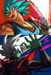  2boys absurdres artist_name black_nails black_shirt blood blue_eyes blue_hair clenched_teeth colored_skin dougi dragon_ball dragon_ball_super earrings english_commentary fighting floating_earring fused_zamasu gloves green_skin grey_eyes highres imminent_punch jewelry kimo long_sleeves male_focus motion_blur multiple_boys muscular muscular_male nosebleed open_mouth pink_blood pointy_ears potara_earrings ring shirt spiky_hair super_saiyan super_saiyan_blue teeth vegetto white_gloves white_hair wide-eyed 