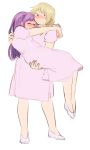  2girls blonde_hair blush carrying character_request closed_eyes dress full_body happy hug long_hair moonexplorers multiple_girls nightgown pink_dress princess_carry purple_hair short_hair standing wavy_mouth white_background yuri 