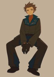  1boy belt brown_belt brown_hair chaps character_request closed_mouth commentary_request full_body gloves highres invisible_chair ittumozzz jacket long_sleeves male_focus own_hands_together pokemon pokemon_colosseum shirt shoes short_hair simple_background sitting solo spiky_hair 