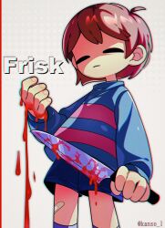  1other absurdres ahoge bandaid bandaid_on_leg blood blood_on_hands blood_on_knife blue_shorts blue_sweater brown_hair character_name chromatic_aberration closed_eyes closed_mouth cowboy_shot deformed english_text film_grain fingernails frisk_(undertale) grey_background hair_behind_ear hand_up highres holding holding_knife kansou_(kanso_1) kitchen_knife knife long_sleeves other_focus pink_sweater shorts simple_background socks solo striped_clothes striped_sweater sweater turtleneck turtleneck_sweater twitter_username two-tone_sweater undertale 