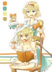  2girls alice_margatroid blonde_hair bloomers blue_dress blue_eyes book bow breasts chair cleavage collarbone dress hair_bow hair_dryer hairband indian_style kirisame_marisa lolita_hairband long_hair multiple_girls mushroom open_mouth reading shanghai_doll shinoasa short_hair short_sleeves sitting smile topless touhou towel towel_on_head underwear yellow_eyes 