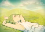  1girl arms_up closed_eyes clouds clover grass green_hair hatsune_miku long_hair lying misoni_comi musical_note on_back solo vocaloid 