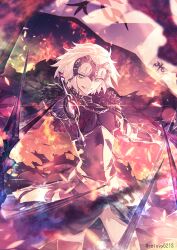  1girl ahoge armor armored_dress black_dress black_thighhighs breasts chain collar dress fate/grand_order fate_(series) faulds fire flag gauntlets grey_hair grin headpiece highres jeanne_d&#039;arc_alter_(avenger)_(fate) jeanne_d&#039;arc_alter_(fate) large_breasts looking_at_viewer metal_collar plackart polearm reluvy short_hair smile solo spear sword thigh-highs thighs weapon yellow_eyes 