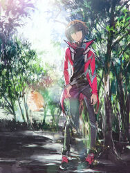  1boy black_footwear black_shirt branch brown_eyes brown_hair dappled_sunlight dirt facing_viewer forest grass grey_pants hand_in_pocket jacket leaf looking_at_viewer moribuden nature open_clothes open_jacket outdoors pants red_jacket shirt sunlight tree yu-gi-oh! yu-gi-oh!_gx yuki_judai 