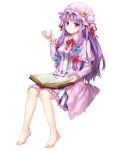  1girl barefoot book breasts crescent cup dress hair_ribbon hat highres long_hair looking_at_viewer momoko_(momopoco) patchouli_knowledge puffy_sleeves purple_dress purple_hair ribbon simple_background sitting smile solo striped striped_dress teacup touhou violet_eyes white_background 