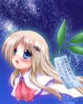  1girl blonde_hair blue_eyes cape fang highres little_busters!! long_hair noumi_kudryavka shirotoshi sky star_(sky) starry_sky tanabata translation_request 