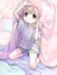  1girl blanket blonde_hair brown_eyes comeco commentary_request expressionless futaba_anzu idolmaster idolmaster_cinderella_girls long_hair looking_at_viewer shorts sitting solo stuffed_animal stuffed_rabbit stuffed_toy 