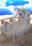  1girl akisha alternate_costume bare_arms beach blue_eyes blue_hair blue_sky chair cirno clouds dress flower food fruit glass hat hat_ribbon head_rest lemon lemon_slice looking_at_viewer open_mouth railing ribbon sandals shade short_hair sitting sky solo straw sun sundress table touhou vase wings wooden_floor 