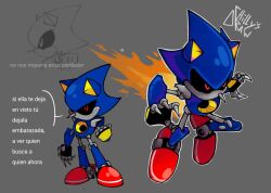  black_sclera claws clenched_hand colored_sclera draw_chill's grey_background mechanical_arms mechanical_legs metal_sonic multiple_views outline red_eyes signature simple_background solo sonic_(series) spanish_commentary spanish_text white_outline 