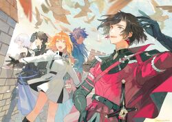  2girls 3boys :d ahoge armor armored_leotard bare_shoulders bird black_cape black_footwear black_gloves black_hair black_jacket black_leotard black_thighhighs blue_eyes blue_hair blue_robe bob_cut brick_wall cape closed_mouth constantine_xi_(fate) dark-skinned_male dark_blue_hair dark_skin day dove dress earrings elbow_gloves fate/grand_order fate_(series) feet_out_of_frame fold-over_boots fortress fujimaru_ritsuka_(female) fujimaru_ritsuka_(female)_(decisive_battle_chaldea_uniform) fujimaru_ritsuka_(male) fujimaru_ritsuka_(male)_(polar_chaldea_uniform) gauntlets gloves grey_eyes hair_between_eyes hand_on_own_hip hand_up highres jacket jewelry kitada leotard long_hair long_sleeves looking_ahead looking_at_another looking_up mash_kyrielight medium_hair multiple_boys multiple_girls official_alternate_costume orange_hair outdoors outstretched_arms profile red_armor red_cape red_eyes red_tunic robe romulus_quirinus_(fate) shading_eyes sheath sheathed short_hair side_cape smile spread_arms standing sword thigh-highs tunic two-sided_cape two-sided_fabric upper_body violet_eyes weapon white_dress white_hair yellow_eyes 