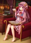  1girl barefoot book breasts chair crescent cup dress hair_ribbon hat long_hair looking_at_viewer momoko_(momopoco) patchouli_knowledge puffy_sleeves purple_dress purple_hair ribbon shirakawa_mayo sitting smile solo striped striped_dress teacup touhou violet_eyes 