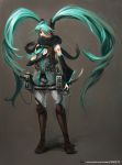  1girl artist_name belt boots bridal_gauntlets detached_sleeves green_eyes green_hair hair_over_one_eye hand_on_own_chest hatsune_miku headphones highres knee_boots krit long_hair necktie parody reverse_grip scarf shingeki_no_kyojin solo sword tattoo three-dimensional_maneuver_gear twintails very_long_hair vocaloid weapon 