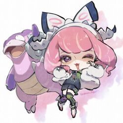  1girl ;3 ;d bracelet chibi collared_shirt drop_shadow dynamax_band eyeshadow galarian_slowbro gloves hairband jacket jewelry klara_(pokemon) makeup mole mole_under_mouth nako_(nekono_shippo75) number_print one_eye_closed open_clothes open_jacket open_mouth pink_lips pokemon pokemon_(creature) pokemon_swsh purple_eyeshadow ring shirt short_hair shorts single_glove smile twitter_username violet_eyes white_hairband white_jacket 