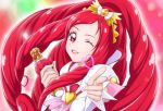  1girl bow brooch chocokin cure_ace dokidoki!_precure hair_bow heart jewelry lipstick long_hair madoka_aguri magical_girl makeup pointing precure red_eyes redhead smile solo wink 