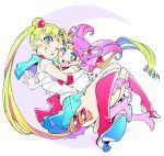  2girls bishoujo_senshi_sailor_moon blonde_hair boots elbow_gloves gloves long_hair multiple_girls purple_hair sailor_chibi_moon sailor_moon skirt trigger_(company) tsukino_usagi twintails yoneyama_mai 