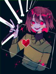  1other arm_at_side black_background bob_cut bone brown_hair chara_(undertale) chromatic_aberration cropped_torso double-parted_bangs green_sweater hair_between_eyes heart highres holding holding_knife kitchen_knife knife long_sleeves looking_at_viewer multicolored_hair open_mouth other_focus red_eyes redhead short_hair simple_background smile solo striped_clothes striped_sweater sweater takenaka_(takenaka1111) teeth two-tone_hair two-tone_sweater undertale uneven_eyes upper_teeth_only w yellow_sweater 