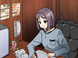  1girl 22/7 collarbone computer cup drinking_glass drinking_straw grey_eyes grey_hair grey_shirt hiiragi_tsubomi holding holding_pencil igashiko indoors long_sleeves medium_hair menu_board notebook oekaki on_chair pencil shirt sitting solo studying table v-shaped_eyebrows wooden_table wooden_wall 